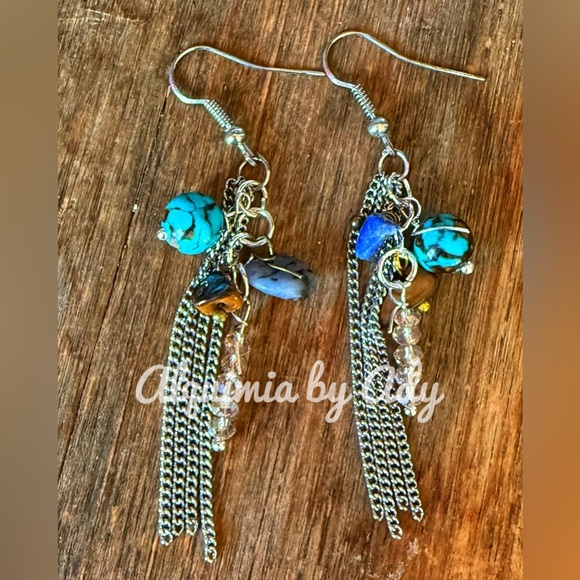 Lapis turquoise western rustic brass fringe statement dangle earrings - Picture 2 of 8